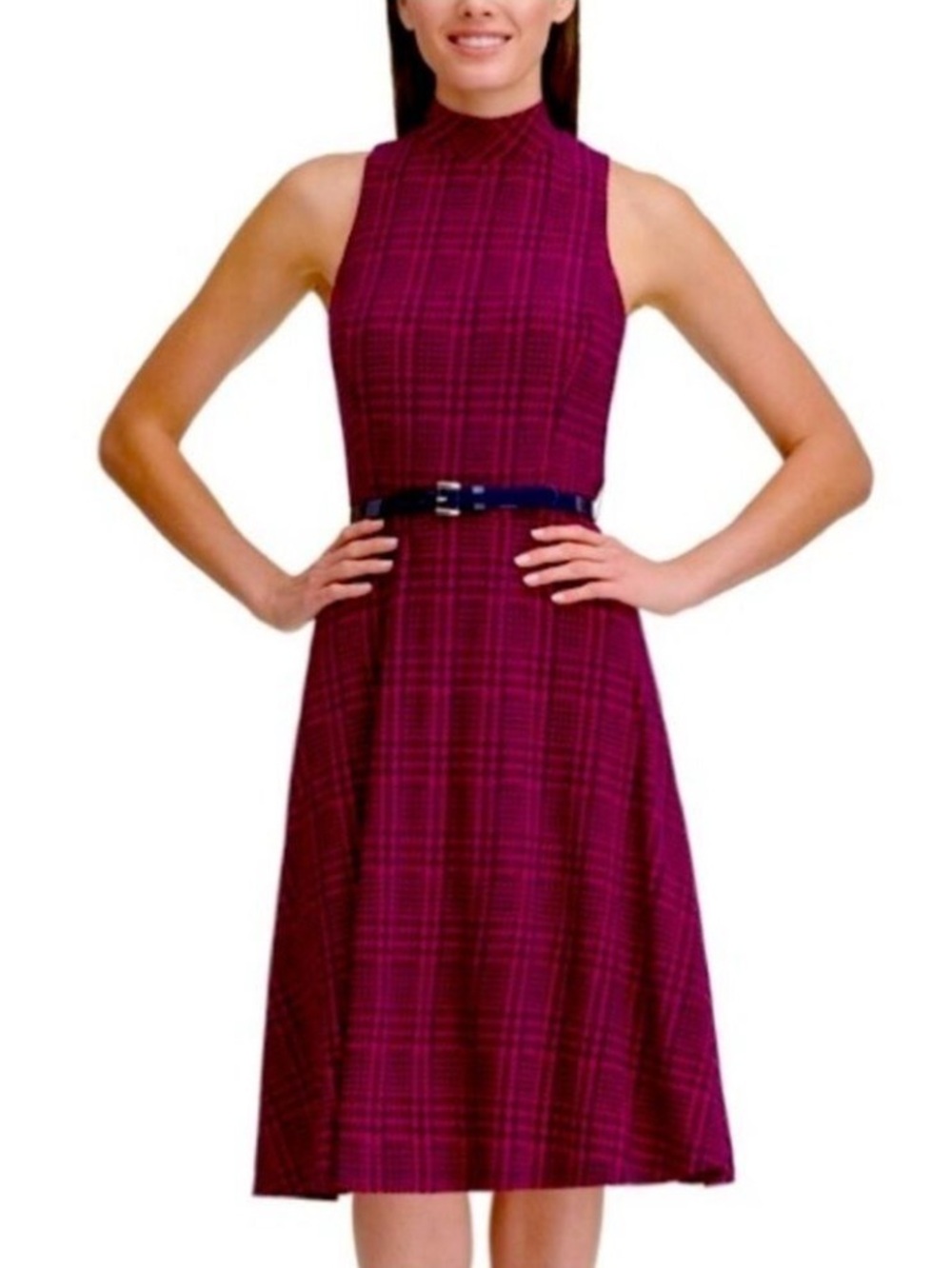 Mock Neck Houndstooth Sheath Midi Fuchsia Pink + Navy Blue Dress Midi Size 14